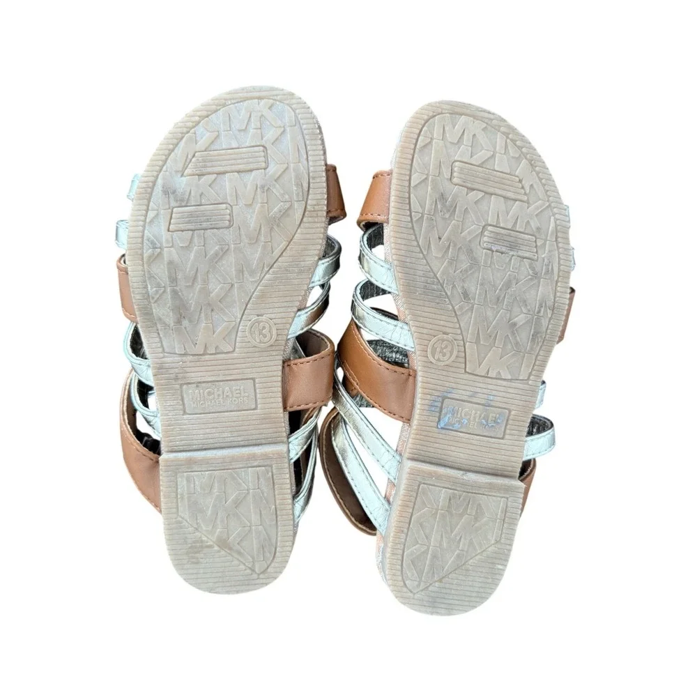 Michael Kors Girls Tan Silver Strappy Logo Sandals MK‎ Monogram Size 13 Kids